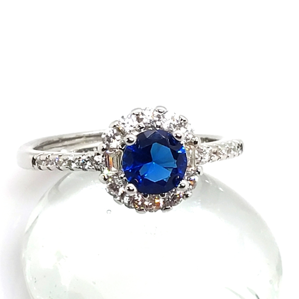 925 sterling silver blue simulated sapphire and CZ ring